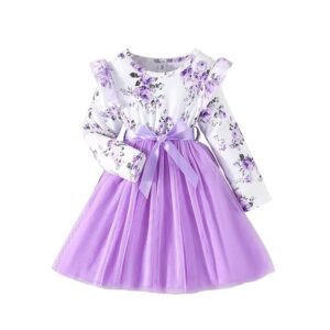 Enterprise 1019 Long Sleeve Printed Flower Belted Square Neck Baby Girl Frock with Knee-Length and A-Line Style