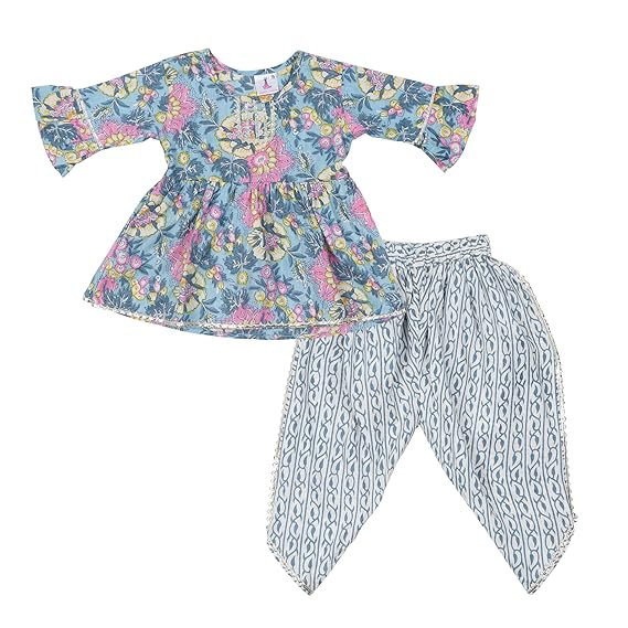 Baby Girls Jaipuri Print Kurti with Frill Sleeves and Dhoti Style Salwar
