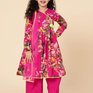 Girl's Polyester Floral Printed Anarkali Kurti Palazzo with Dupatta | Traditional Ethnic Wear Clothing Set for Festival and Special Occasions
