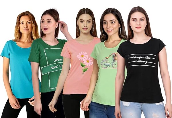 Printed, Cotton Tops & T-Shirts. Combo of 5 Tops for Women & Girls