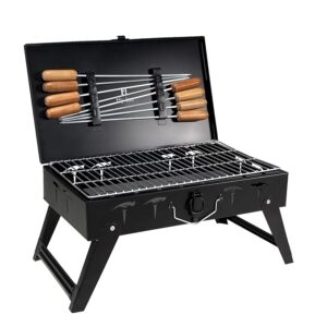 Traveler Foldable Charcoal Barbeque Grill With 8 Skewers & Charcoal Tray (Stellar Black), Free Standing