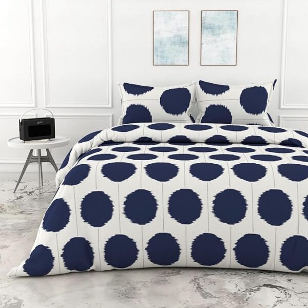 A QUALITY LINEN BRAND 100% Cotton King Size Bedsheet with 2 Pillow Covers - Navy Haze Big Polka, Soft & Breathable 144 TC Fabric, Perfect for King Beds
