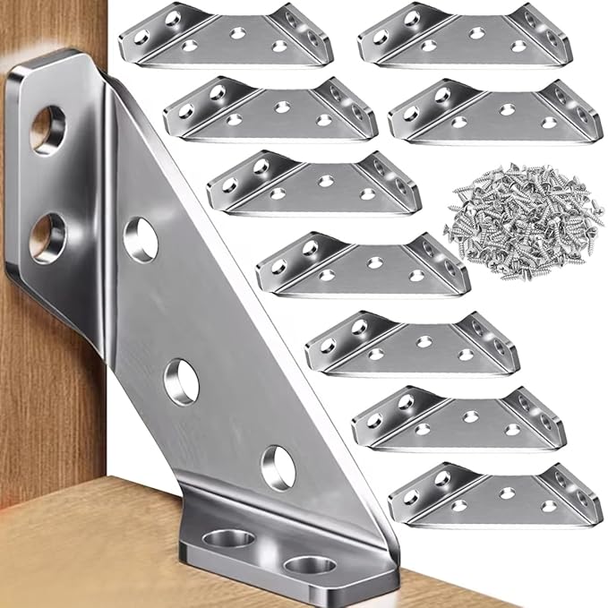 10Pcs Shelf Brackets with 60Pcs Screws, 2MM Thickening Furniture Corner Connector, Stainless Steel Angle Corner Bracket, Heavy Duty Corner Bracket for Wooden Panel, Woodworking, Crafting