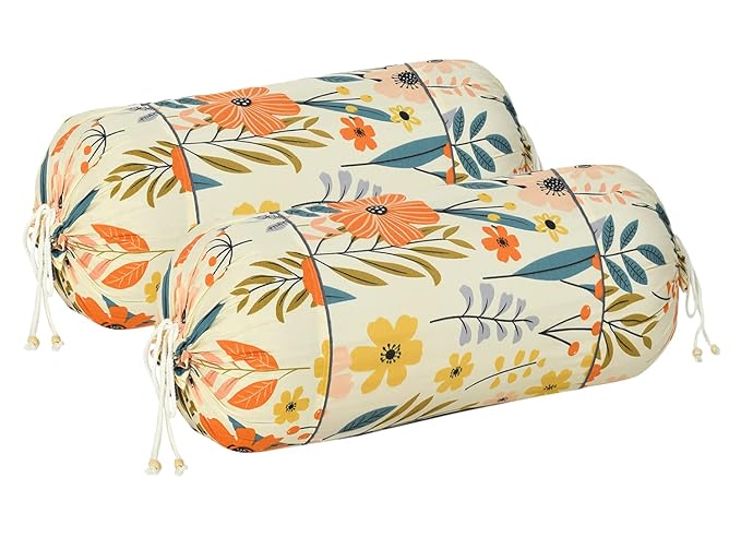 Industries Floral Print Soft & Luxurious Decorative Cotton Bolster Cover- Set of 2, 16"x32" (Cream)