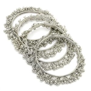 Navratri Festival Creative Oxidised Rhodium Plated Ghungroo Beadded Silver Bracelet Bangle Set Jewellery for Women & Girls |Set of 4|B106027