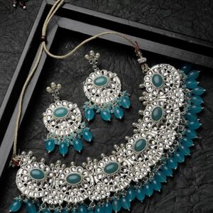 Sukkhi Most Beautiful Gold Plated Kundan Studded Aqua Blue Collar Bone Necklace Set With Dangler Earrings | Jewellery Set For Women And Girls (NS105830)
