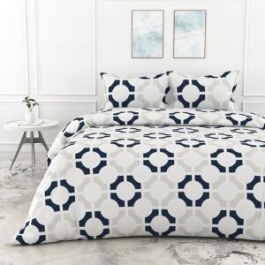 A QUALITY LINEN BRAND 100% Cotton King Size Bedsheet with 2 Pillow Covers - Colonial Blue Matrix, Soft & Breathable 144 TC Fabric, Perfect for King Beds