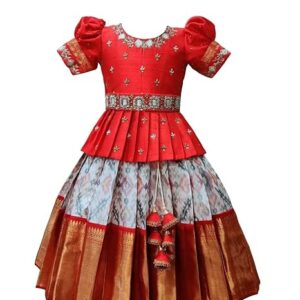 Button Girls Polyester Blend New South Indian Traditional Pattu Pavadai Jecquard Readymade Lehenga Choli Dress