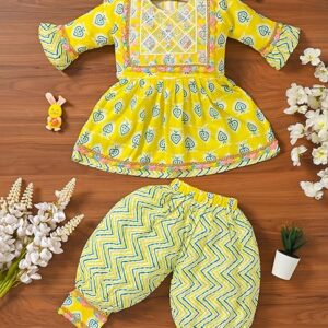 Girls Yellow Ethnic Clothing Set, Mirror Work Embroidered Frock with Zigzag Print Pants, Comfortable Cotton Outfit for Kids