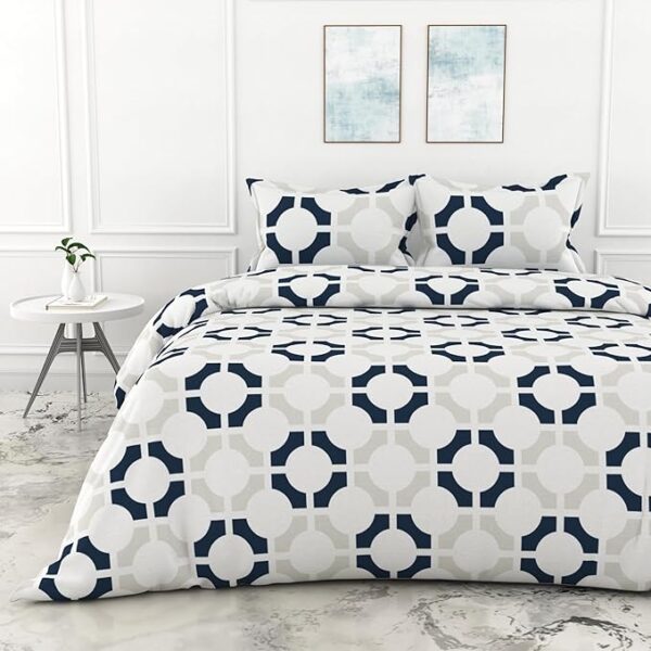 A QUALITY LINEN BRAND 100% Cotton King Size Bedsheet with 2 Pillow Covers - Colonial Blue Matrix, Soft & Breathable 144 TC Fabric, Perfect for King Beds