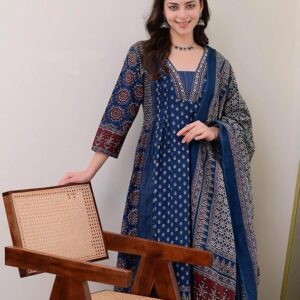 Women's Rayon Printed Anarkali Kurta and Pant with Dupatta Set
