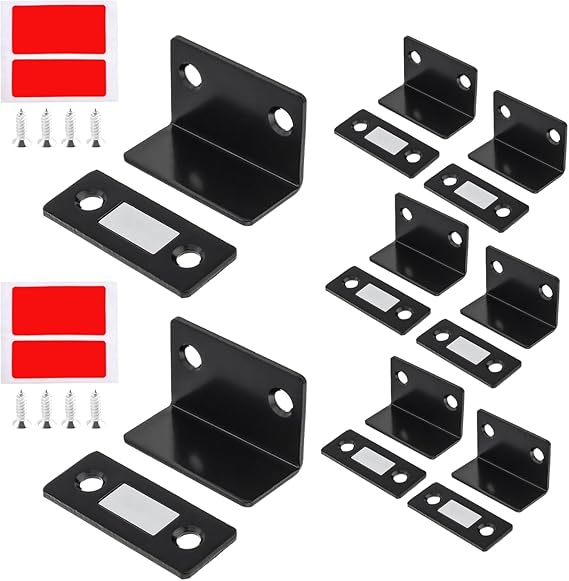 Door Catch,Ultra Thin Cabinet Magnetic Catch with Strong Adhesive Sticker & Screws, Slim Drawer Magnets Locks Furniture Safety Latches (4, L-Shaped Black)