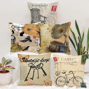 Set of 5 Jute Cushion Covers ? 16x16 Inches ? Vintage Postcard & Retro Print Design ? Artistic Cushion Covers for Sofa & Living Room D?cor