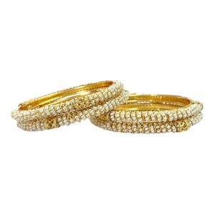 Traditional Gold Plated Bangles With Beaded White Faux Pearl For Women and Girl (Set of 4)