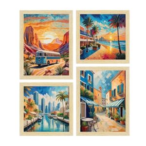 City Sunrise Paintings with Frame for Home Decoration, Living Room/Bedroom, Office D?cor Framed Painting for Wall Decoration, Abstract, Multicolor, Set of 4