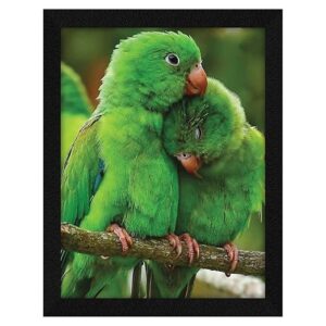 Art Love Birds Green Parrot Couple Painting For Wall Decoration 10.5 X 13.5 Inches