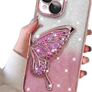 Silicone Designed For iPhone 15 Cover With Glitter Cute Butterfly Electroplating Design Back Cover Case For Women Teen Girls (Pink)