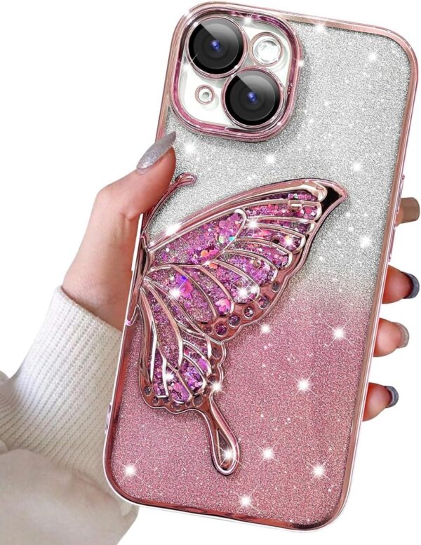 Silicone Designed For iPhone 15 Cover With Glitter Cute Butterfly Electroplating Design Back Cover Case For Women Teen Girls (Pink)
