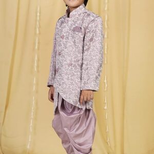 Kids Jacquard Floral Jaal Assemetric Sherwani Set for Boys - Traditional Outfit & Ethnic Wear for Boy | Festival | Marriage dresses for boys - Regular Fit