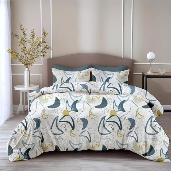A QUALITY LINEN BRAND 100% Pure Cotton Bedsheet for Double Bed, 144TC Soft & Breathable Double Bed Bedsheet with 2 Pillow Covers (Deep Blue & Olive Abstract Waves, 88 x 90 Inches)