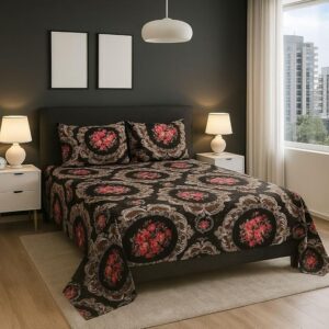 Bedsheet for King Size Bed Ethnic Motifs 300TC Satin Finish with 2 Pillow Covers, 250 cm X 270 cm, Dark Blue & Beige, Ethnic | Double Bed Bedsheet | Perfect for Home D?cor