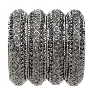Set Of 4 Oxidised Silver-Plated Classic Intricate Textured Bangles Jewellery Set for Girls and Women (Silver Toned, 2.4)