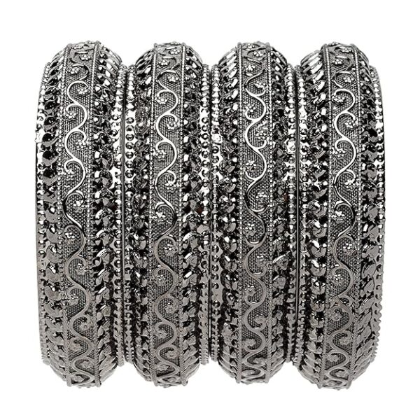 Set Of 4 Oxidised Silver-Plated Classic Intricate Textured Bangles Jewellery Set for Girls and Women (Silver Toned, 2.4)