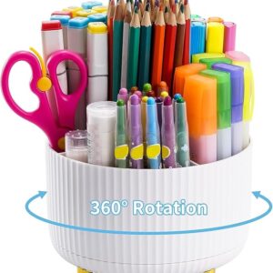 Organizer, 360-Degree Rotating Pen Holder for Desk, Desk Organizers and Accessories with 5 Compartments Pencil Organizer, Art Supply Storage Box Caddy for Office, Home (White)