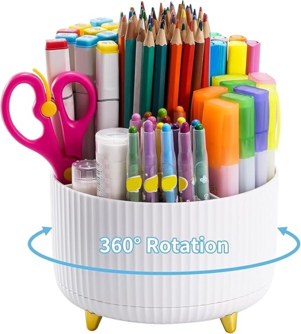 Organizer, 360-Degree Rotating Pen Holder for Desk, Desk Organizers and Accessories with 5 Compartments Pencil Organizer, Art Supply Storage Box Caddy for Office, Home (White)