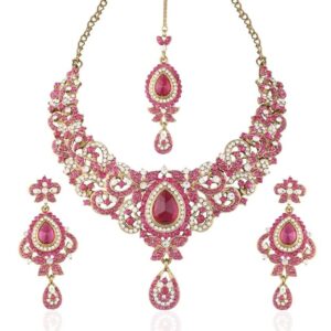 Gold Plated Traditional Kundan Pearl Hanging Choker Necklace Jewellery Set With Earrings & Maang Tikka For Women And Girls (Dark Pink)