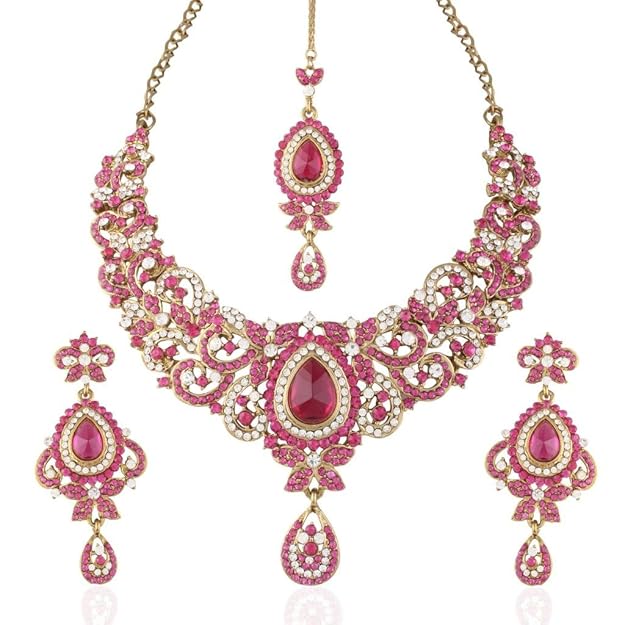 Gold Plated Traditional Kundan Pearl Hanging Choker Necklace Jewellery Set With Earrings & Maang Tikka For Women And Girls (Dark Pink)