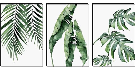 paintings Set of 3 Preety Green Leaf Modern Art MDF Self Adhessive UV Textured Painting 27 Inch X 12 Inch(Each Painting Size 12 Inch X 9 Inch) PHC30197