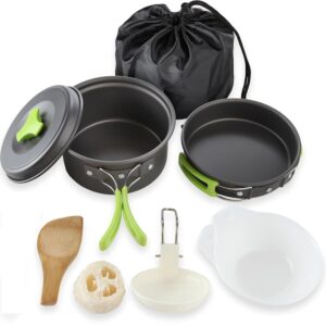 9 Pcs Camping Cookware Mess kit Backpacking Gear & Hiking Camping Cooking Set,Camping Accessories for Outdoor?Camping Utensils with Carry Bag?Lightweight, Compact, & Durable Pot Pan Bowls