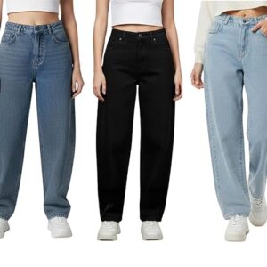 Women?s High Rise Wide Leg Full Length Baggy-Fit Denim Jeans
