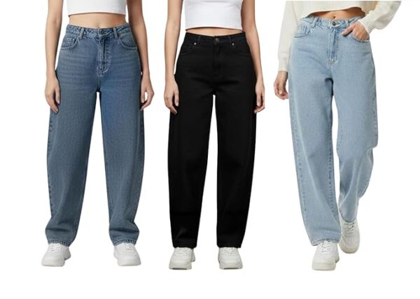 Women?s High Rise Wide Leg Full Length Baggy-Fit Denim Jeans