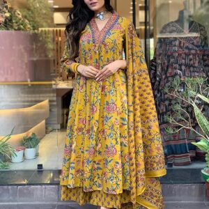 Women's Rayon Viscose Anarkali Printed Kurta with Palazzo & Dupatta