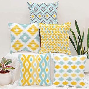 Set of 5 Polycotton Cushion Covers ? 16x16 Inches ? Yellow & Aqua Ikat-Inspired Geometric Print ? Vibrant Cushion Covers for Sofa, Couch & Living Room D?cor