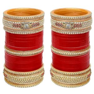 Bridal Bangle Set Dhanteras/Diwali/Bhai Dooj Collection Red Designer Chura Wedding Punjabi Choora Fashion Jewellery Chuda Set for Women (1436-M1C1-SAHAJ-R)