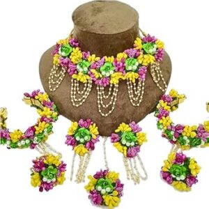 HANDICRAFTS SA FLORAL Women's artificial flowers Jewellery Set Floral gota patti Necklace, Earrings, Mang Tikka, Bracelet with rings Bridal Set in Pink, Yellow, Green for women.