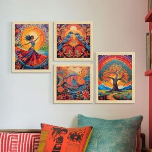 Paper Madhubani Art Paintings with Frame for Home Decor, Wall Painting for Living Room, Multicolor, Natural Wood Color Frames, Set of 4