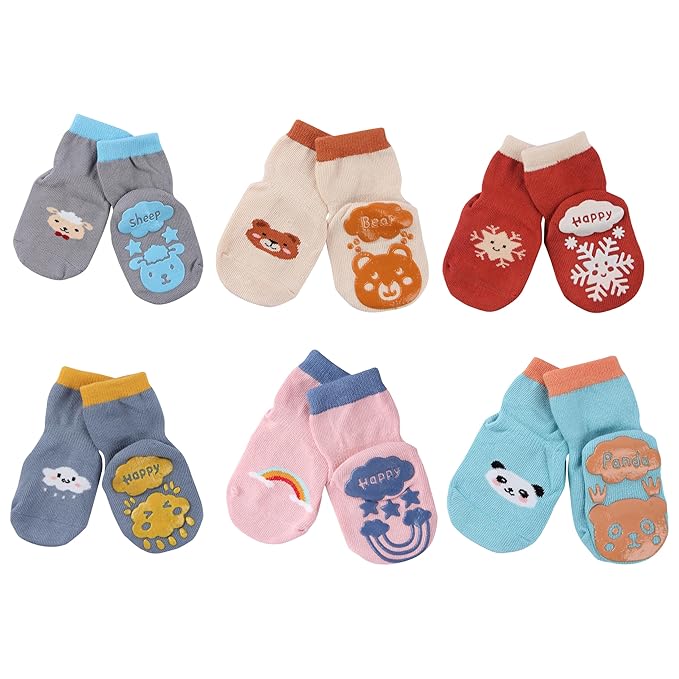 Anti Slip Anti-Fall Socks with Non Skid Rubber Grips for 3 Months to 3 Years Kids Baby Boys & Girls (Random Designs, Assorted)