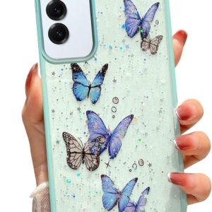 Samsung Galaxy A55 5G Clear Glitter Butterfly Case, Cute Bling Sparkle Shiny Soft Silicone TPU Bumper Shockproof Women Girls Slim Protective Phone Cover for Galaxy A55 5G, Mint