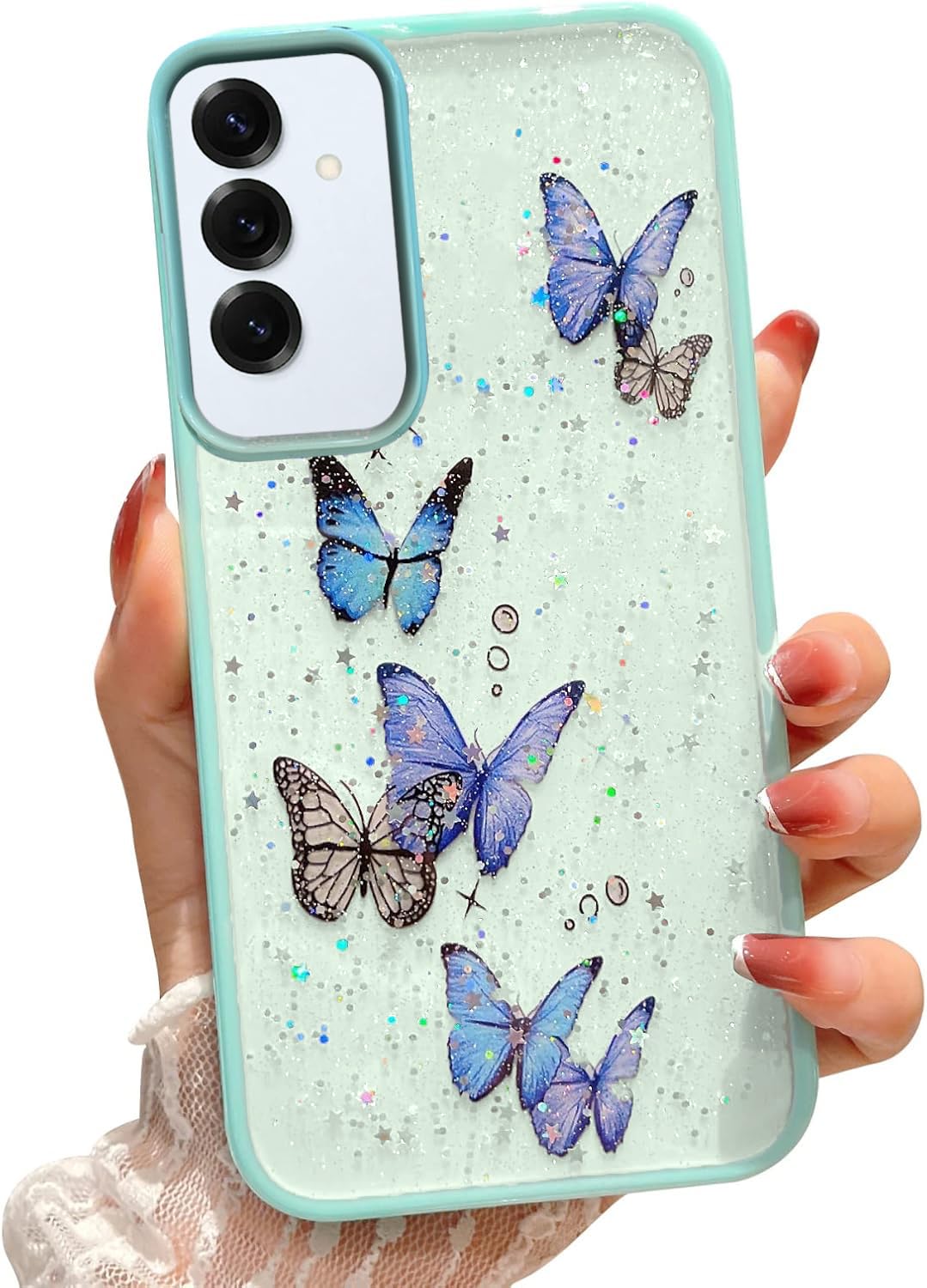Samsung Galaxy A55 5G Clear Glitter Butterfly Case, Cute Bling Sparkle Shiny Soft Silicone TPU Bumper Shockproof Women Girls Slim Protective Phone Cover for Galaxy A55 5G, Mint