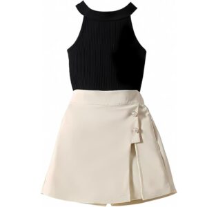 ENTERPRISE Girls' Two-Piece Outfit Set with Black Ribbed Tank Top and Cream Skirt