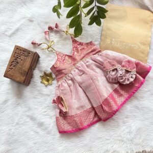 Silk-Tissue Silk Baby Girl Traditional Dress/Ethnic wear with Headband and Booties
