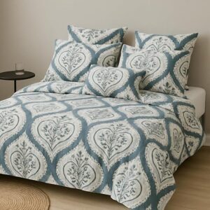 100% Organic Cotton Fitted Bedsheet for Double Bed ? 12" Deep Pocket, 1 Elastic Fitted Sheet (78"x60") + 2 Pillow Covers, Soft & Breathable, Oeko-TEX Certified - Chevron Cool Blue