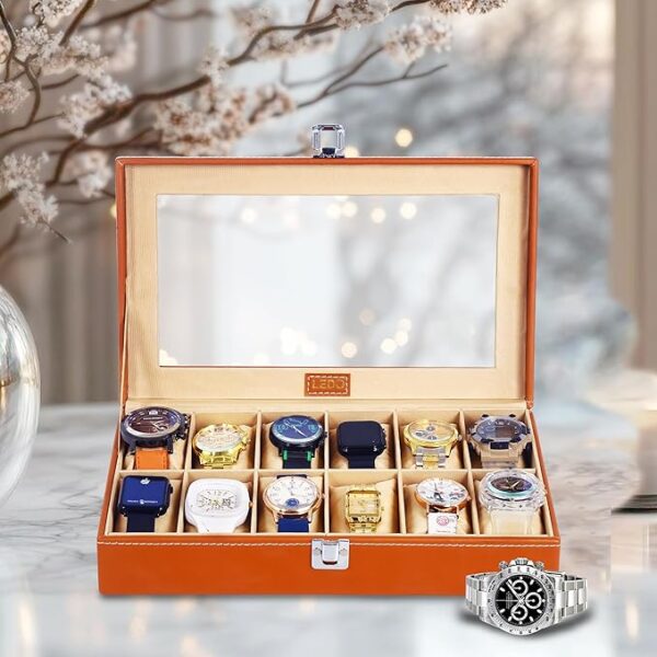 Box Organizer Display Case Holder in 12 slots of Watches with Transparent Look Cream Velvet Interior