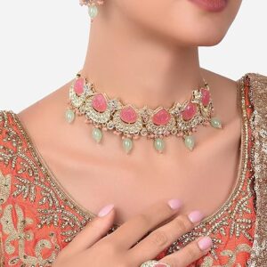 PEARLS Pink & Green Kundan Choker Necklace Earring & Ring Set For Women-ZPFK14431