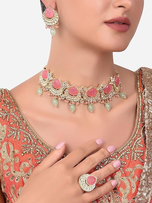 PEARLS Pink & Green Kundan Choker Necklace Earring & Ring Set For Women-ZPFK14431