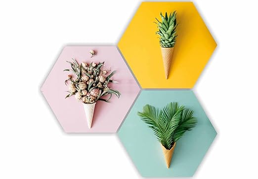 Preety Floral Flower and Leaf in Cone Pot 3 Piece UV Textured Multi-Effect Self adheshive Painting 17 Inch X 17 Inch SANFHX141,Multicolour